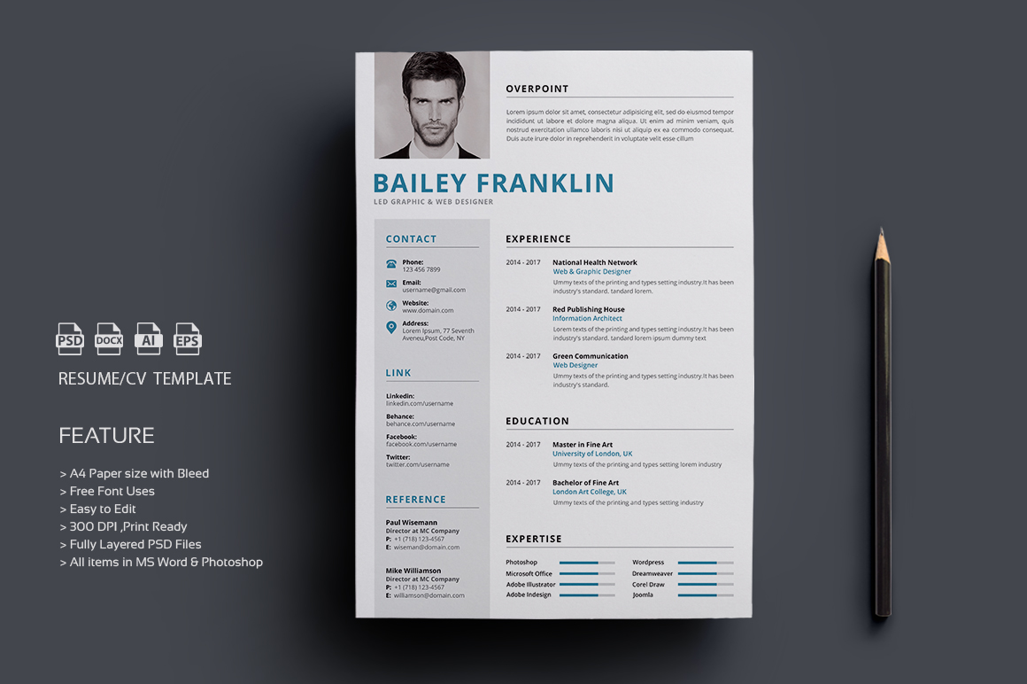 Download Резюме "Resume-Bailey Franklin Resume Template" / Resume-Bailey Franklin Resume Template - Резюме на тему графика resume template design cover letter cv modern minimal professional curriculam vitae us diy designer creative word ms microsoft bundle
