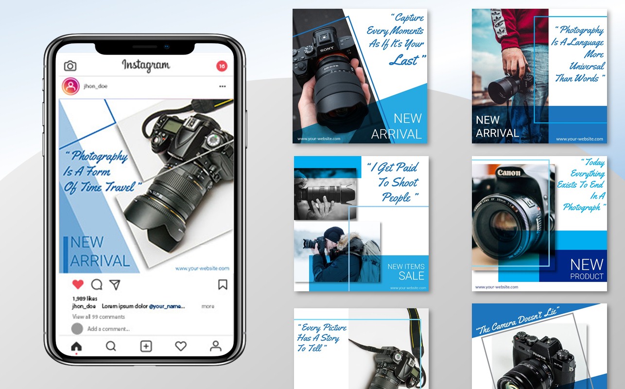 Download Шаблон для соцсетей "Photography - 10 Instagram Post Template for Social Media" / Photography - 10 Instagram Post Template for Social Media - Шаблон для соцсетей на тему графика ads advertising banners set white blog clean design creative discount fashion stories instagram marketing blue camera photography instagrampost instagramfeed socialmediapost