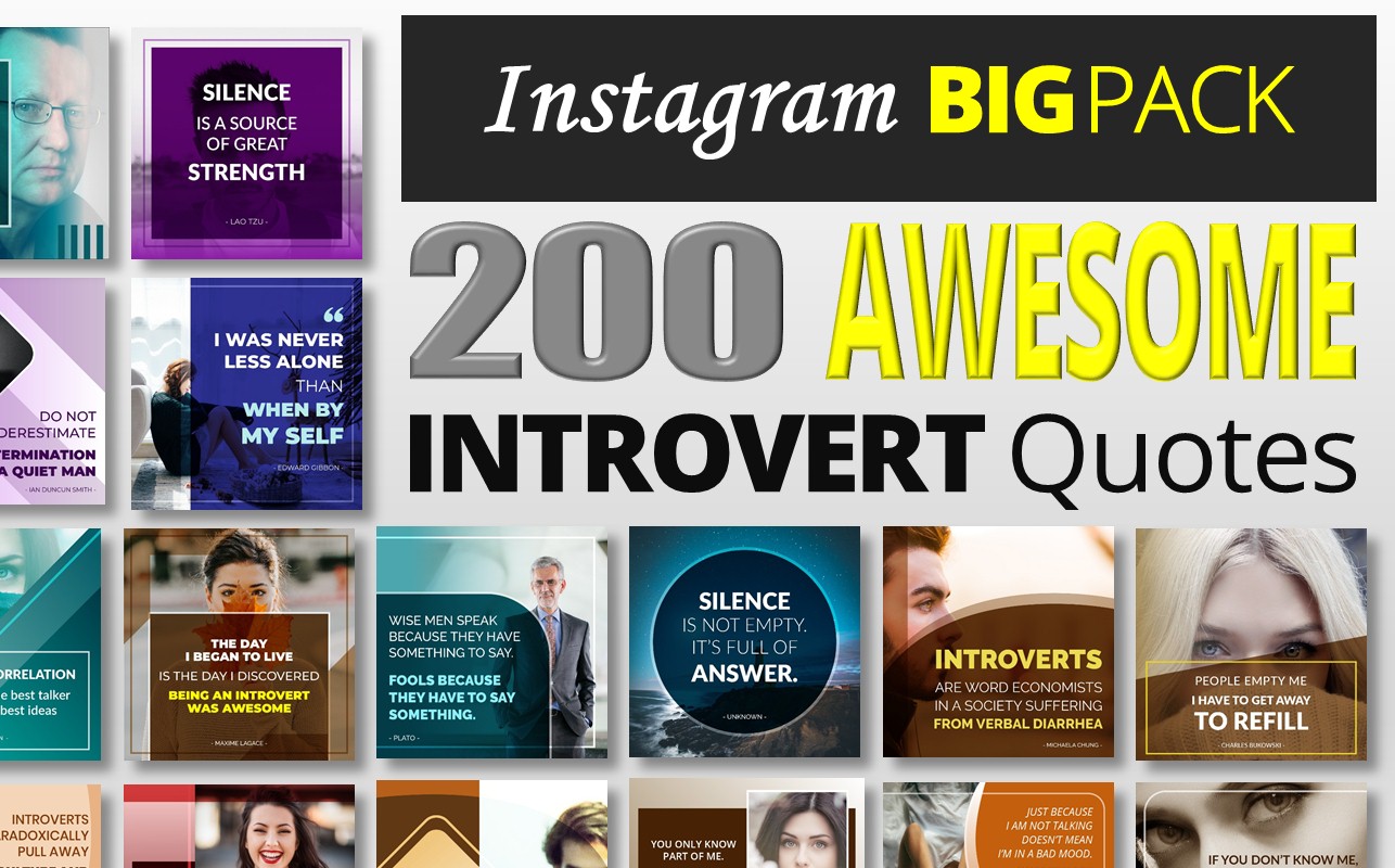 Download Шаблон для соцсетей "200 Awesome Introvert Quotes - Instagram BIG PACK Social Media Template" / 200 Awesome Introvert Quotes - Instagram BIG PACK Social Media Template - Шаблон для соцсетей на тему графика banner,blog,business,clean,instagram,post,template,interior,marketing,multipurpose,promotions,quotes,social,instagrampack,instagrampost,introvert,introvertquotes,solitude,lonely,instagramstor