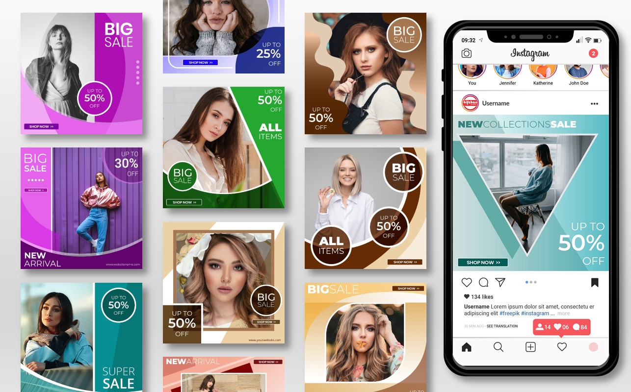 Download Шаблон для соцсетей "50 Instagram Promotional Post Template for Social Media" / 50 Instagram Promotional Post Template for Social Media - Шаблон для соцсетей на тему графика advertising,banners,pack,set,blog,clean,clear,design,creative,discount,fashion,stories,insta,instagram,stories,marketing,template,salepromotional,sale,instagrampost