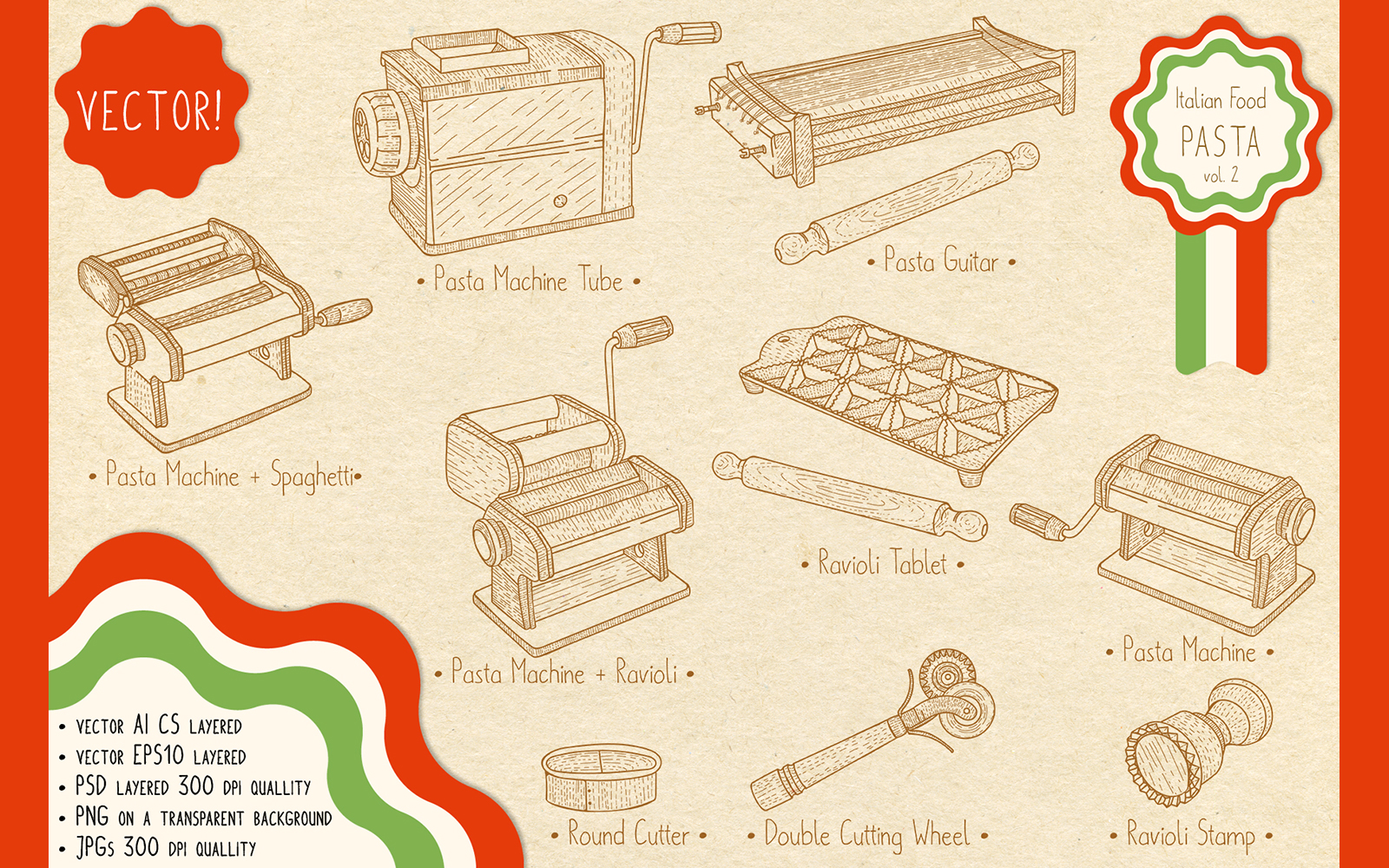 Download Иллюстрация "Italian Food. Pasta Makers - Illustration" / Italian Food. Pasta Makers - Illustration - Иллюстрация на тему графика pasta,machine,ravioli,tablet,cutter,item,maker,spaghetti,macaroni,home-made,recipe,mold,guitar,rolling,pin,cooking,culinary,home-cooking,italian,family