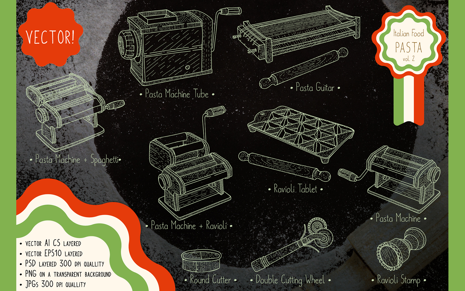 Download Иллюстрация "Italian Food. Pasta Makers - Illustration" / Italian Food. Pasta Makers - Illustration - Иллюстрация на тему графика pasta,machine,ravioli,tablet,cutter,item,maker,spaghetti,macaroni,home-made,recipe,mold,guitar,rolling,pin,cooking,culinary,home-cooking,italian,family