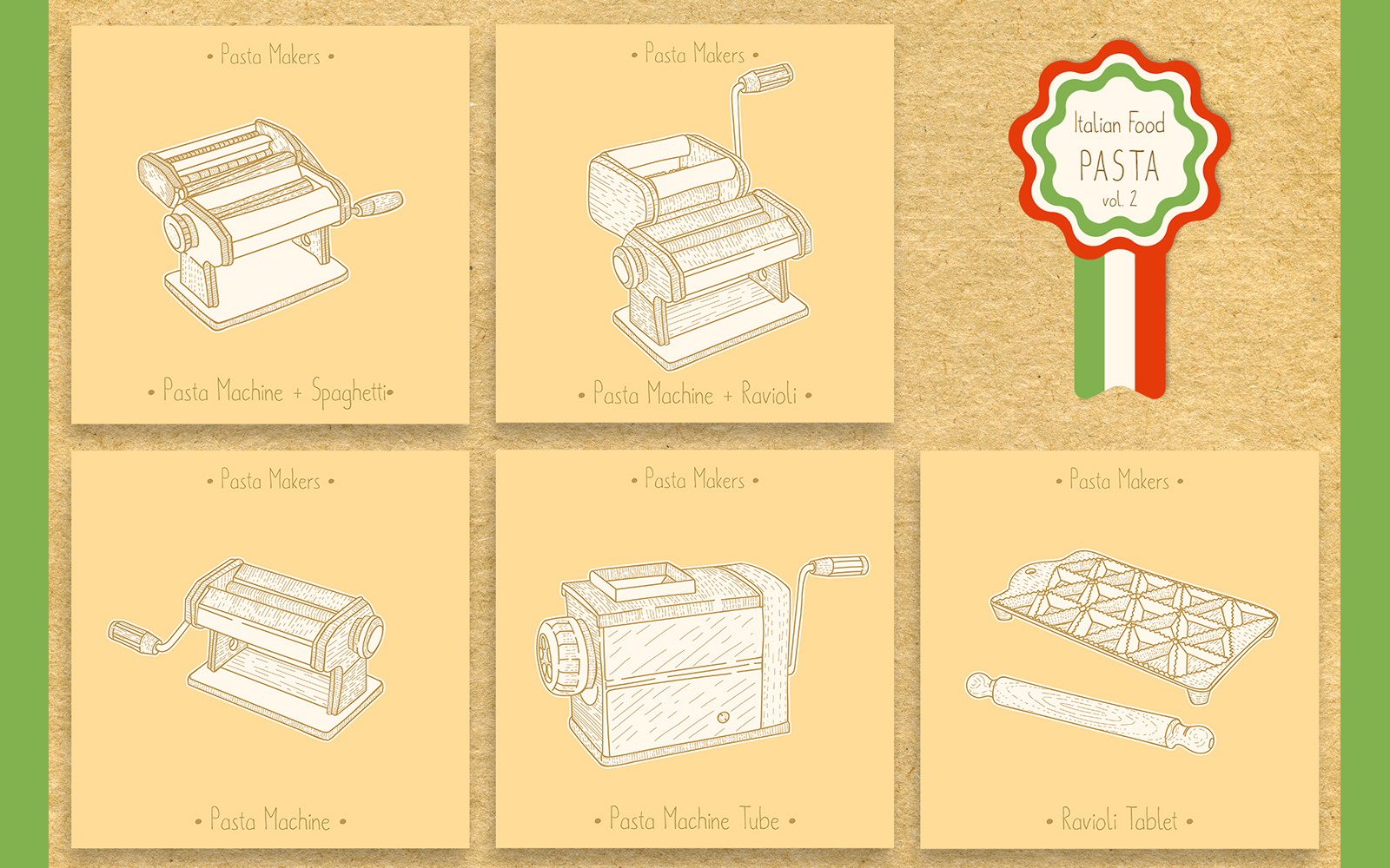 Download Иллюстрация "Italian Food. Pasta Makers - Illustration" / Italian Food. Pasta Makers - Illustration - Иллюстрация на тему графика pasta,machine,ravioli,tablet,cutter,item,maker,spaghetti,macaroni,home-made,recipe,mold,guitar,rolling,pin,cooking,culinary,home-cooking,italian,family