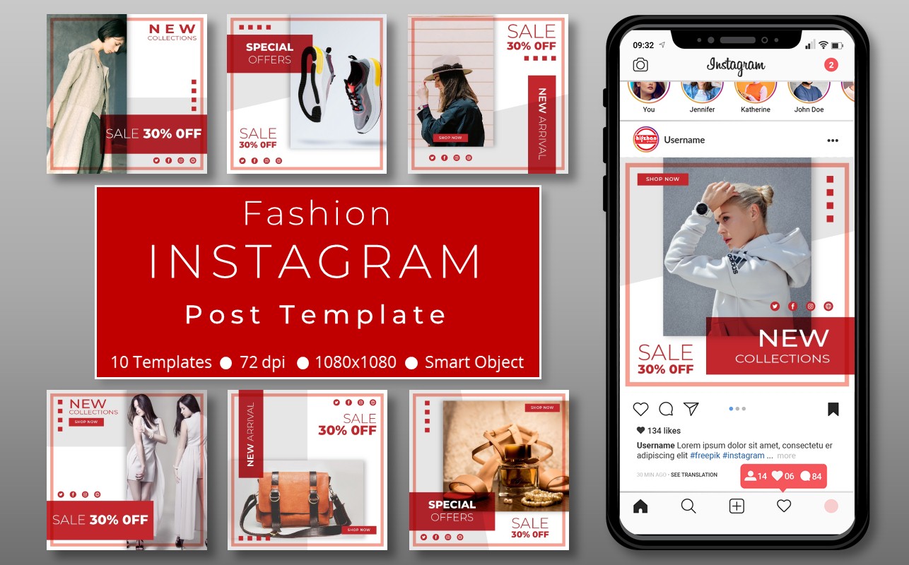 Download Шаблон для соцсетей "10 Unique Fashion Promotional - Instagram Post Template for Social Media" / 10 Unique Fashion Promotional - Instagram Post Template for Social Media - Шаблон для соцсетей на тему графика social,media,template,socialmedia,instagram,post,instagrampost,instagramtemplate,story,instagramstory,creative,design,marketing,sale,discount,red,white