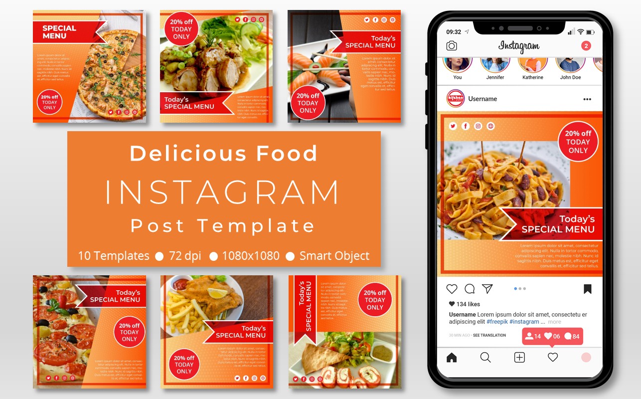 Download Шаблон для соцсетей "10 Unique Delicious Food Promotional - Instagram Post Template for Social Media" / 10 Unique Delicious Food Promotional - Instagram Post Template for Social Media - Шаблон для соцсетей на тему графика social,media,template,socialmedia,instagram,post,instagrampost,instagramtemplate,story,instagramstory,creative,design,marketing,sale,discount,food,deliciousfood,specialmenu,menu