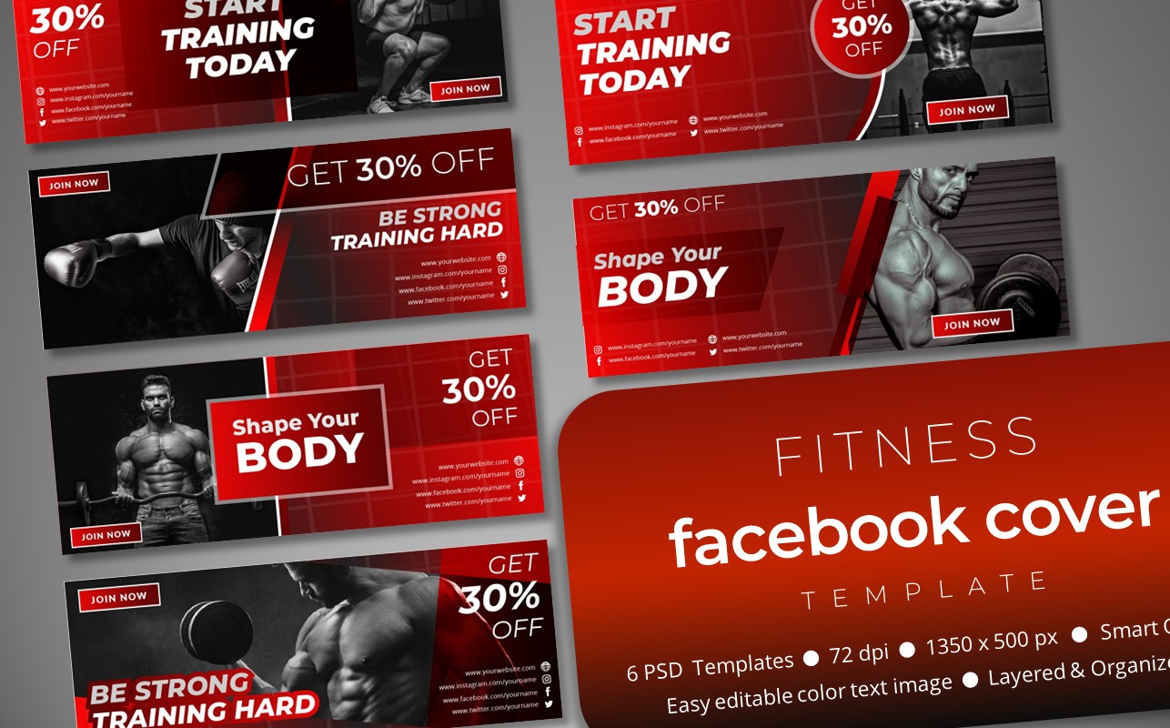 Download Шаблон для соцсетей "Fitness Facebook Cover Template for Social Media" / Fitness Facebook Cover Template for Social Media - Шаблон для соцсетей на тему графика social,media,template,socialmedia,facebook,cover,post,instagrampost,instagramtemplate,story,instagramstory,creative,design,marketing,sale,discount,fitness,bodyshape,gymnastic,traininghard