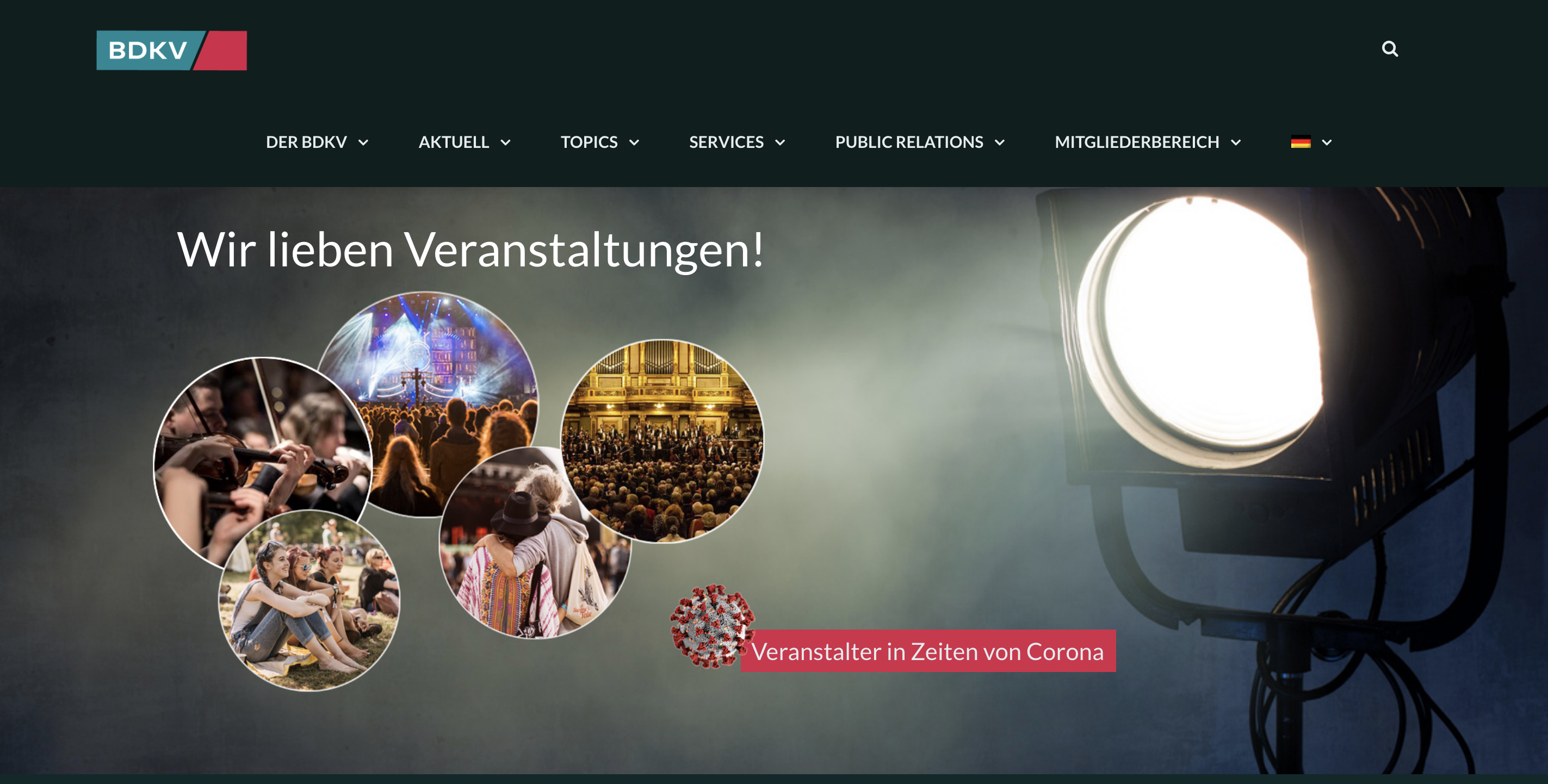 The landing page of the Bundesverband der Konzert- und Veranstaltungswirtschaft e.V., in short: BDKV.