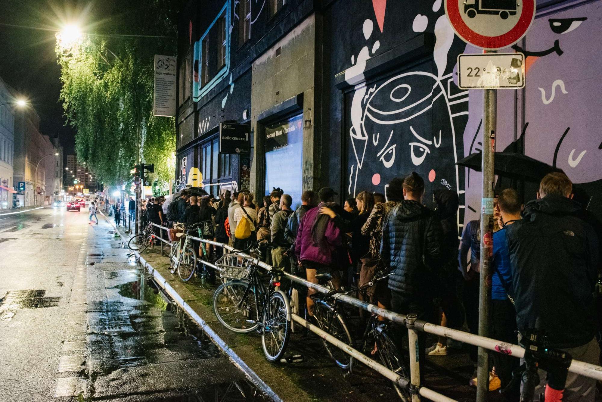 Participants in Berlin's "Clubculture Reboot" queue outside the iconic KitKat Club.