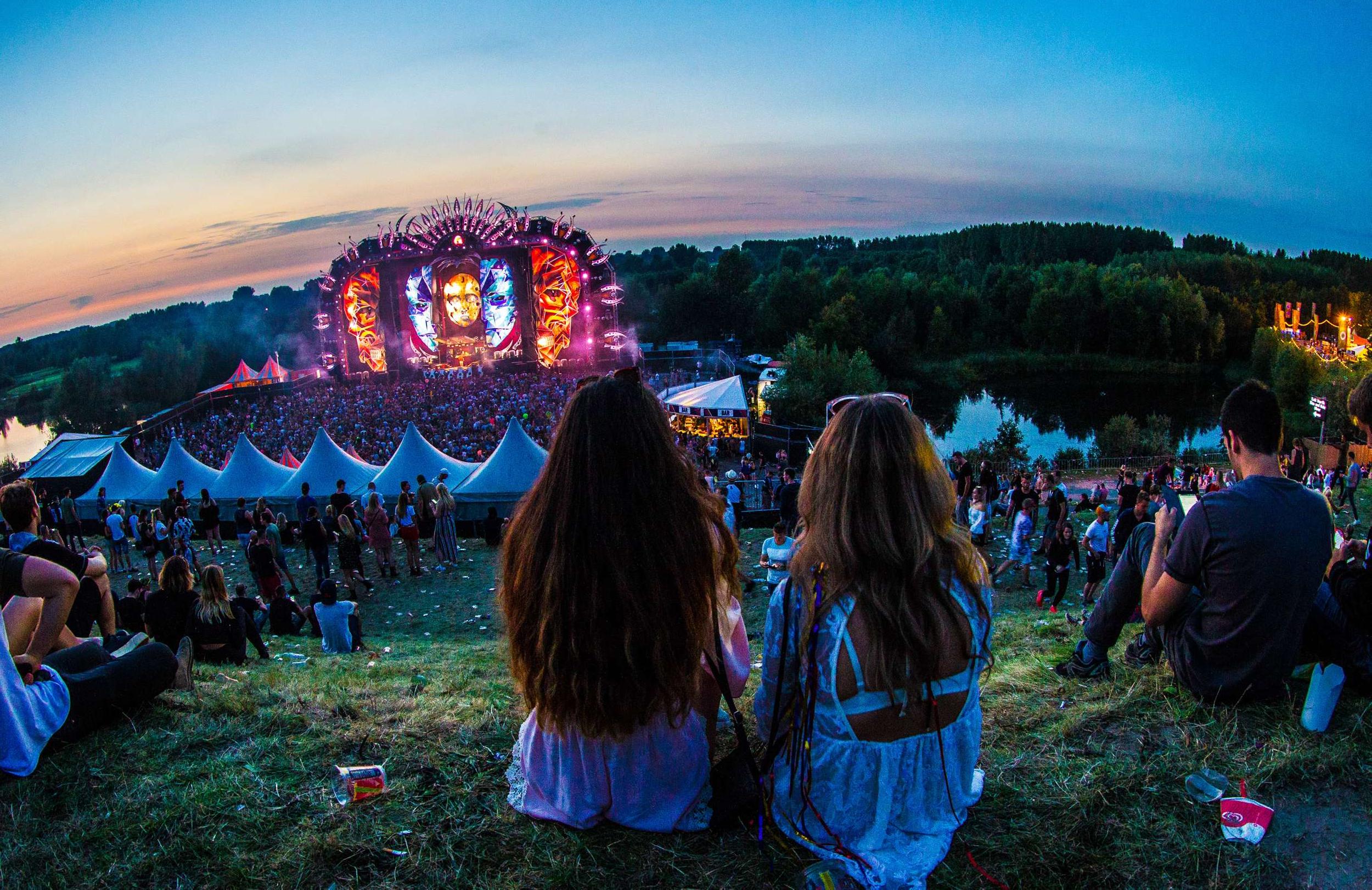 General view of the Mysteryland dance festival site in 2017 showing the stage at dusk, Hoofddorp, Netherlands. 