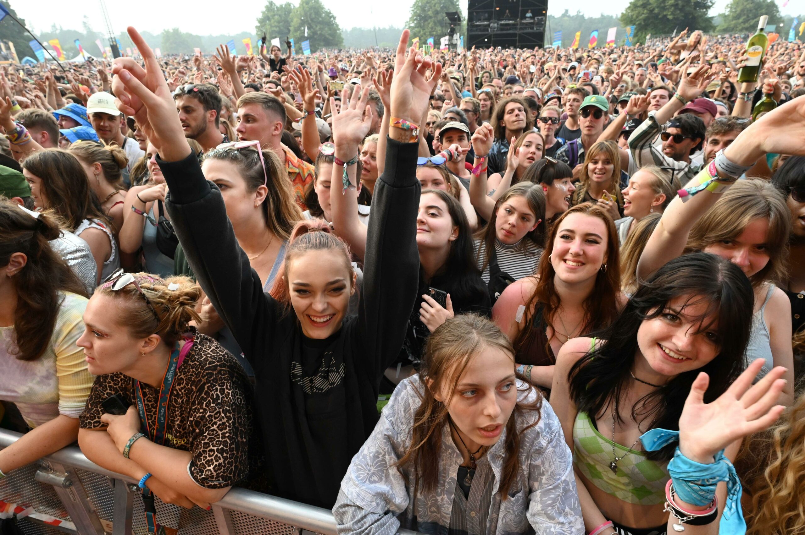 The crowd react as Bombay Bicycle Club perform during Latitude Festival 2021 at Henham Park on July 25, 2021 in Southwold, England. 