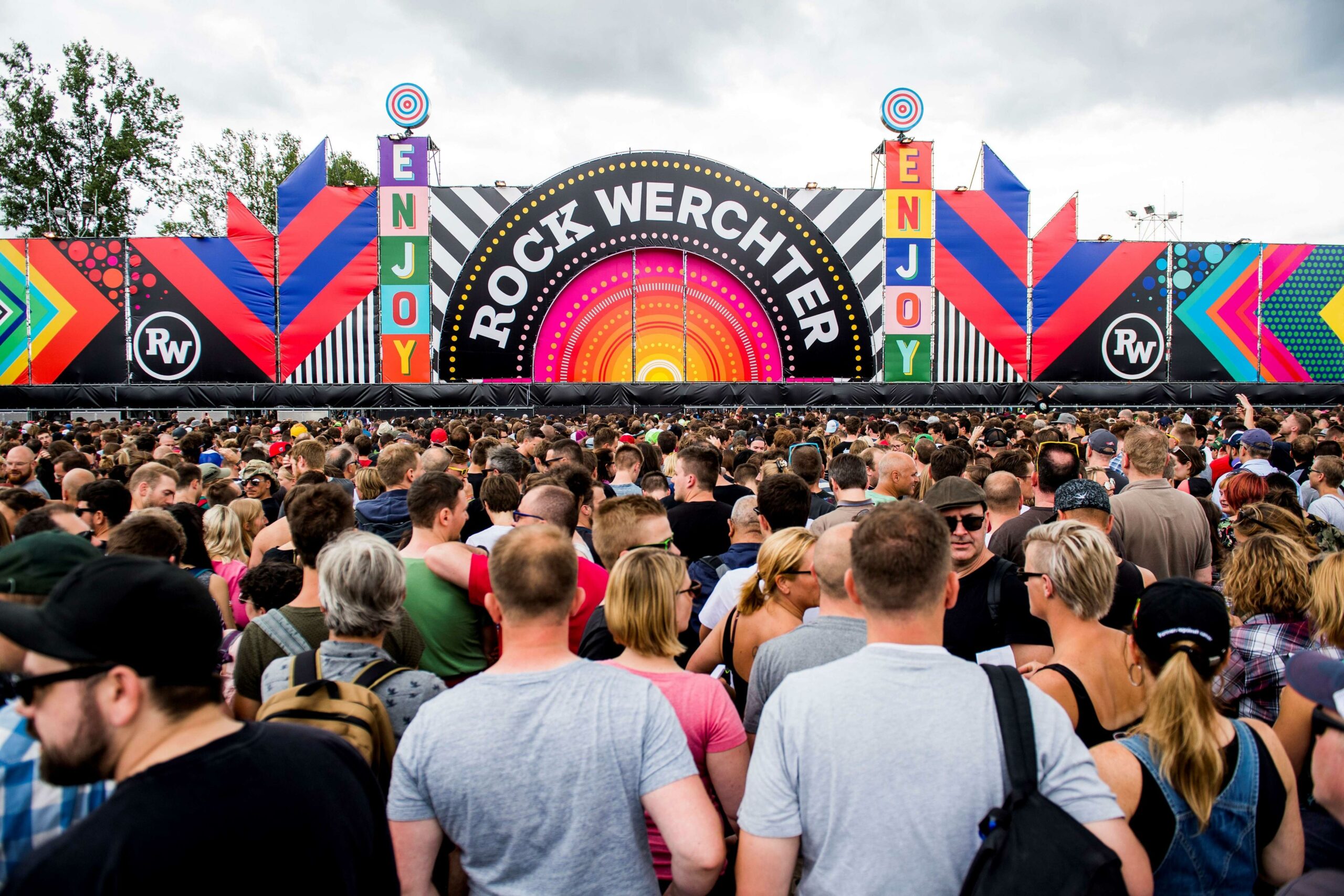 People queue at the entrance to the first day of the 2017 Rock Werchter music festival.