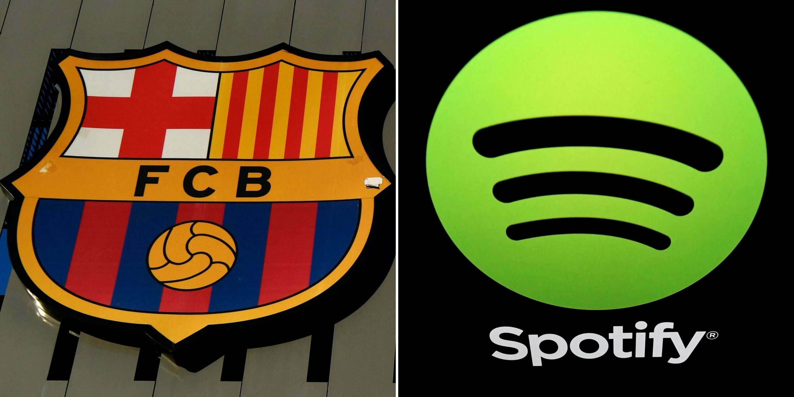 FC Barcelona's badge on the facade of the Camp Nou stadium in Barcelona (left) and the logo of online streaming giant Spotify displayed on a tablet screen in Paris.