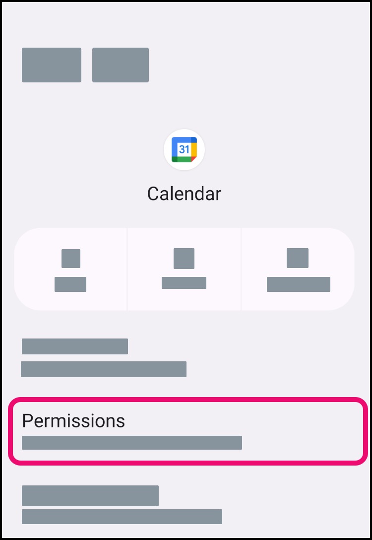 Permissions link in the Calendar app within Android settings