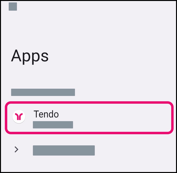 Tendo app in the Android Settings menu