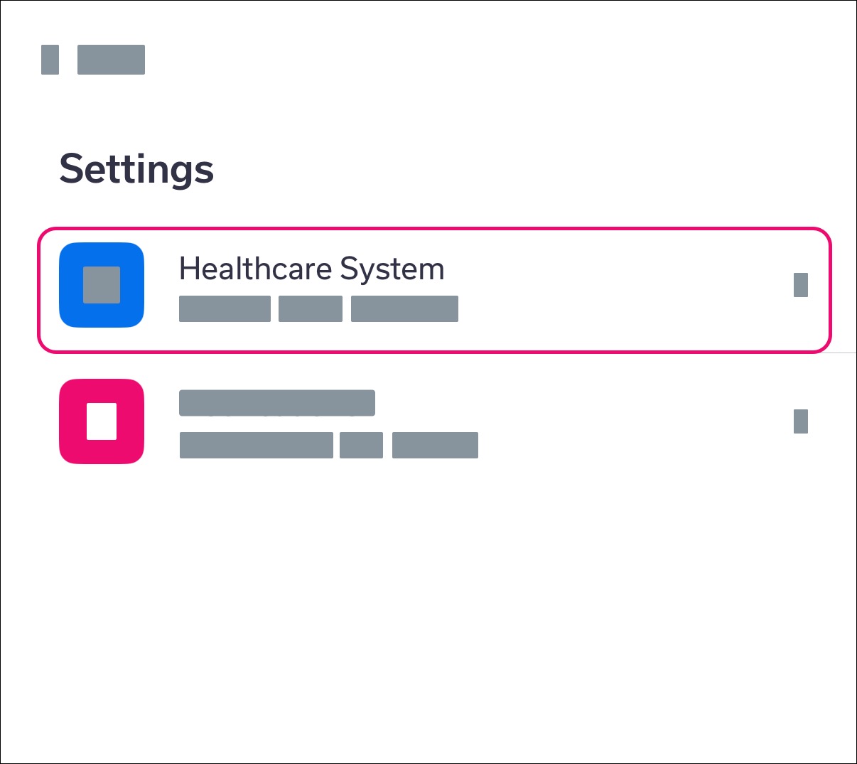 iOS app Settings page with annotation around Home Healthcare link