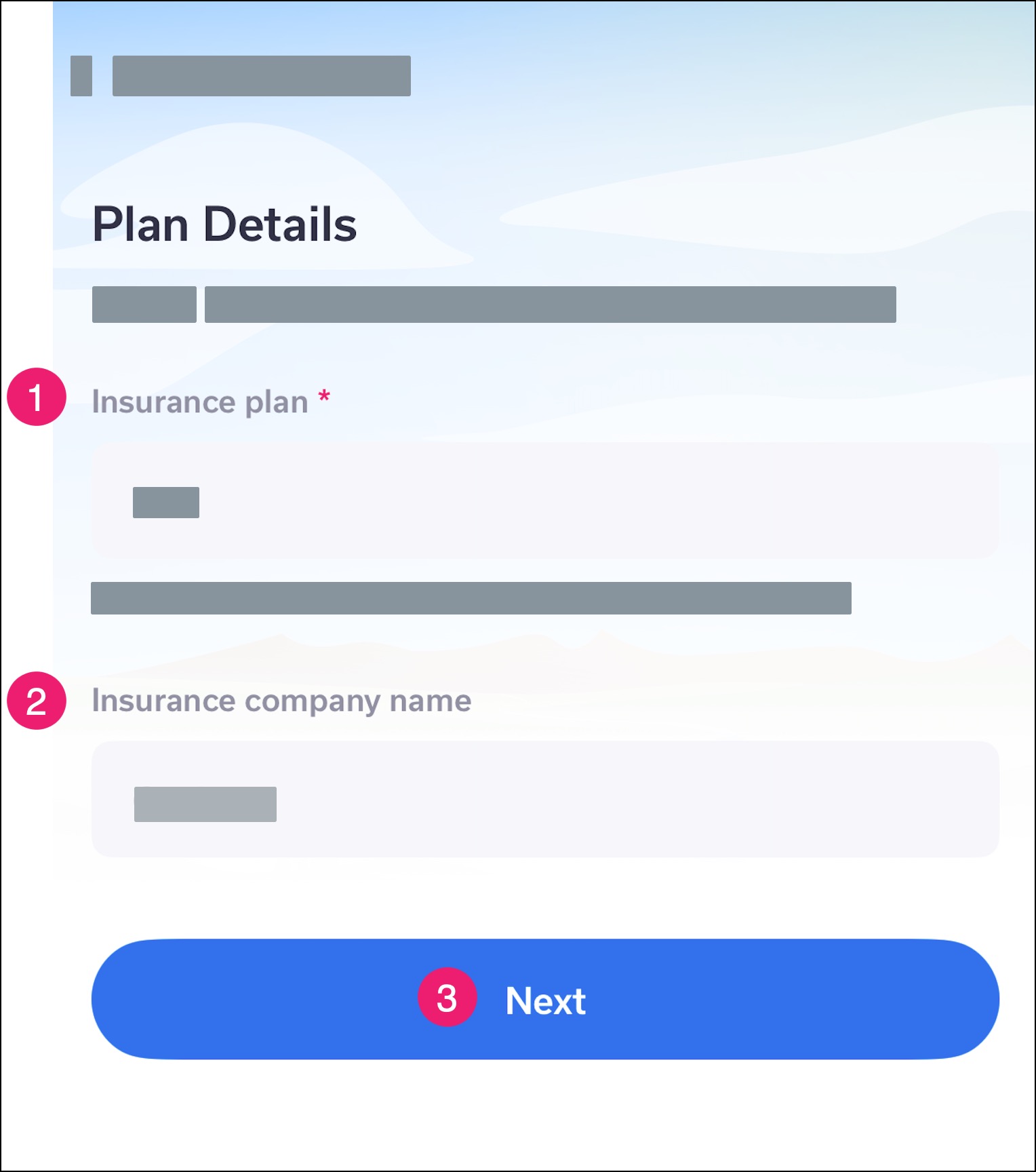 Mobile app Insurance page with manual entry of insurance information