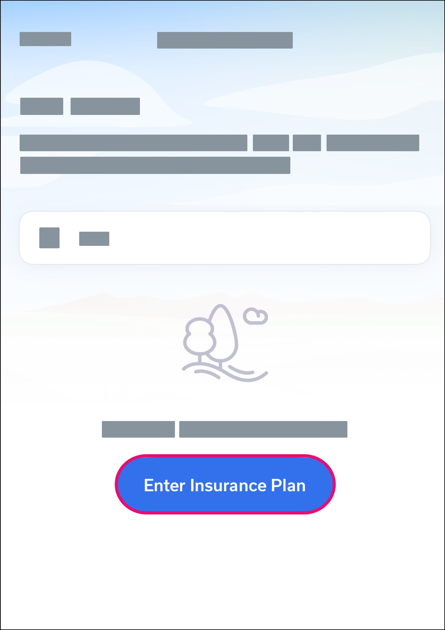 Mobile app Insurance search page with Enter Insurance Plan button