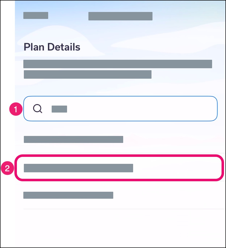 Mobile app Update Insurance page with search field for Insurance plan details