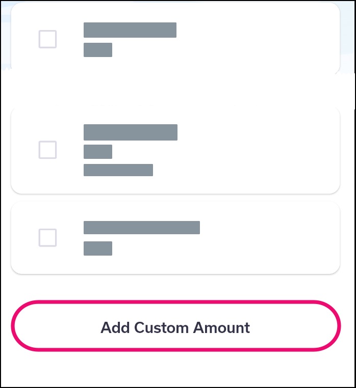 Mobile app Add Custom Amount button that displays when selecting multiple payments