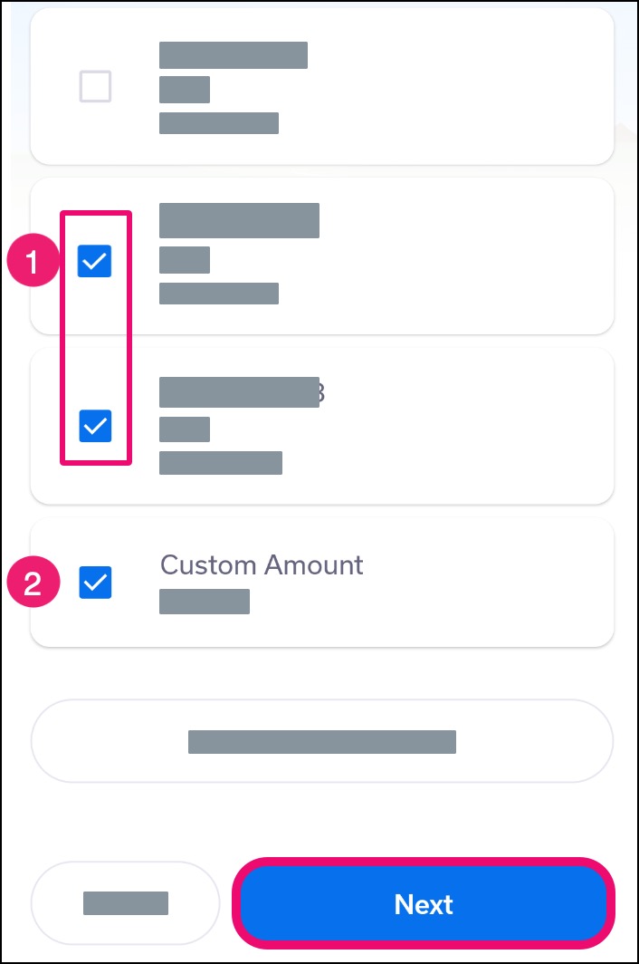 Mobile app Summary of multiple payments including custom amount