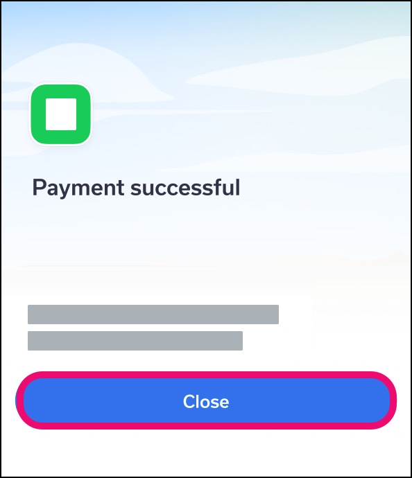 Mobile app Payment confirmation page for successful processing