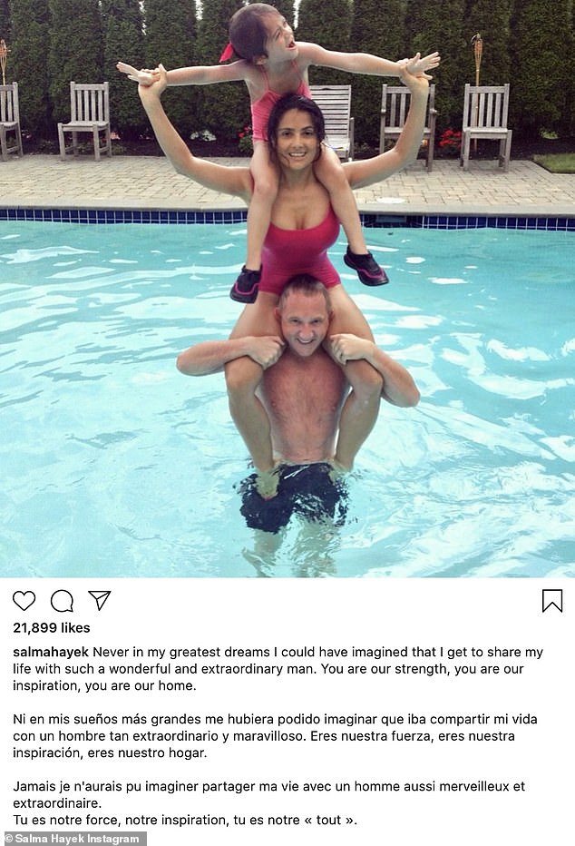 Guy power! Salma Hayek publicó una hermosa foto familiar en su Instagram para el Día Internacional del Hombre. La mostró a ella y a su hija Valentina sobre su esposo François-Henri Pinault en la piscina.