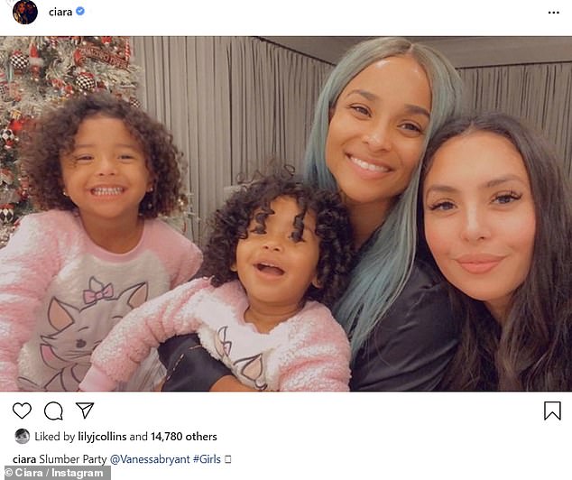 Fiesta de pijamas: Ciara, de 35 años, y Vanessa Bryant, de 38, compartieron una dulce selfie de una 'Fiesta de pijamas' que estaban teniendo con las hijas de Bryant, Capri, uno, y Bianka, tres el viernes por la noche.