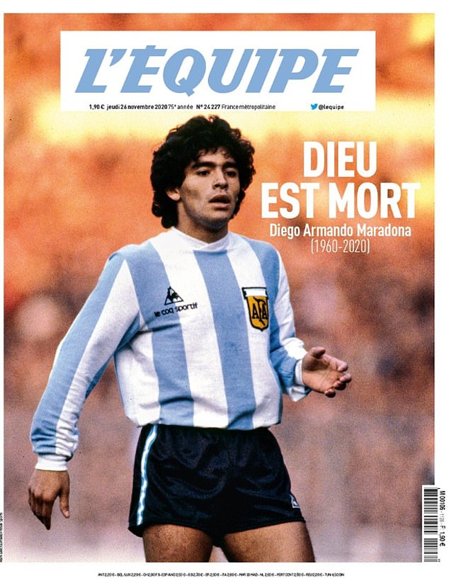 La portada de L'Equipe este jueves rinde homenaje a Maradona con 'Dios ha muerto' en la portada