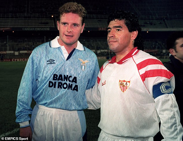 Paul Gascoigne (left) and Diego Maradona (right) faced each other in a friendly between Lazio and Sevilla in 1992 at the Ramón Sánchez Pizjuán Stadium in Seville