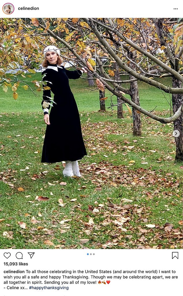 Agradecida: Celine Dion realizó una exhibición muy elegante con un vestido negro inspirado en los peregrinos con cuello y puños coloniales blancos para desear a los estadounidenses 'un Día de Acción de Gracias seguro y feliz'