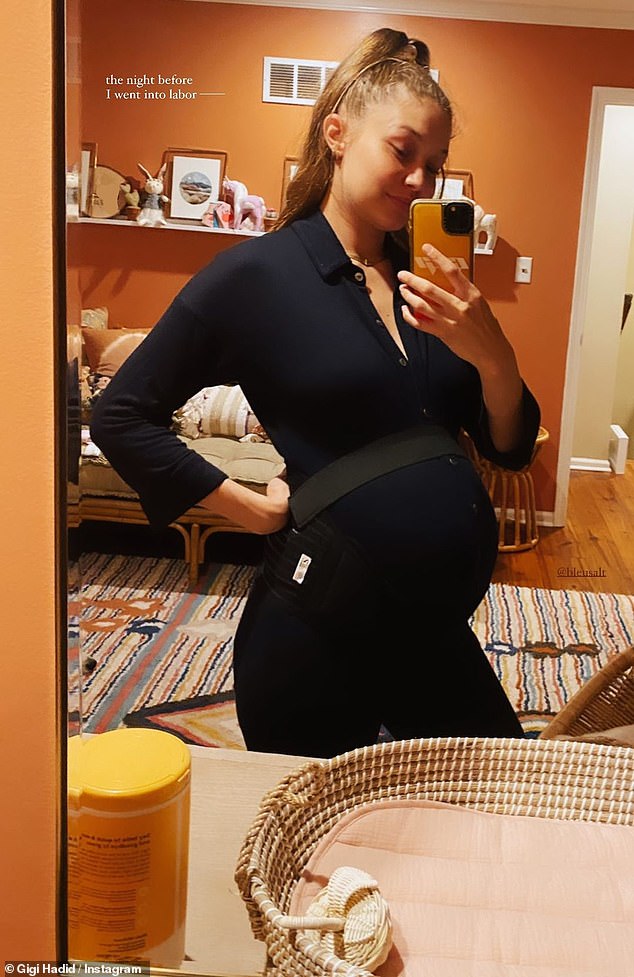 Gran noche: Gigi Hadid, de 25 años, publicó una foto de la noche anterior a dar a luz a su hija en septiembre en sus Historias de Instagram el lunes.
