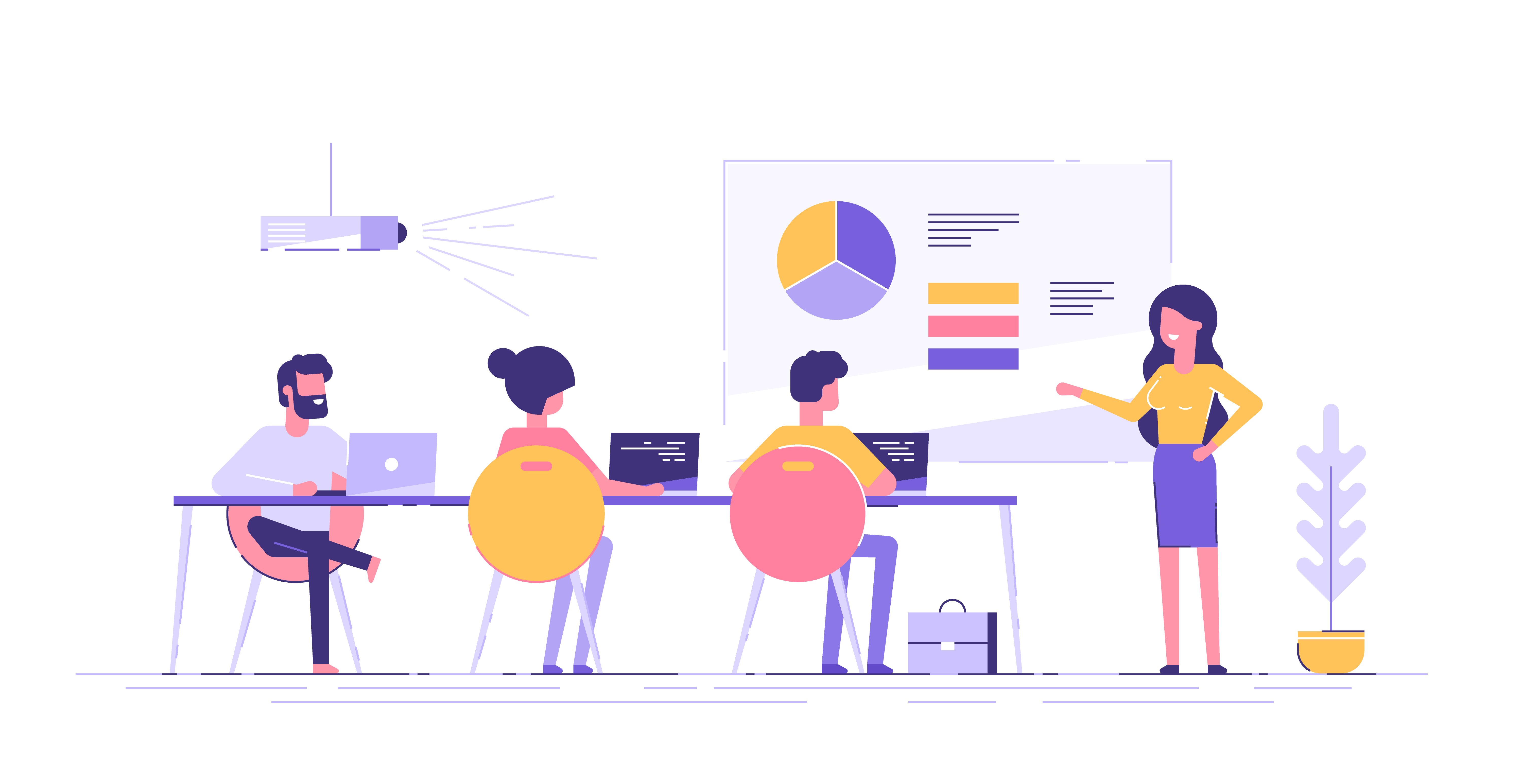 Business woman presenting new project to her partners and colleagues. She is showing graphs and pie charts. Coach giving presentation to clients at conference meeting room. Modern vector illustration.