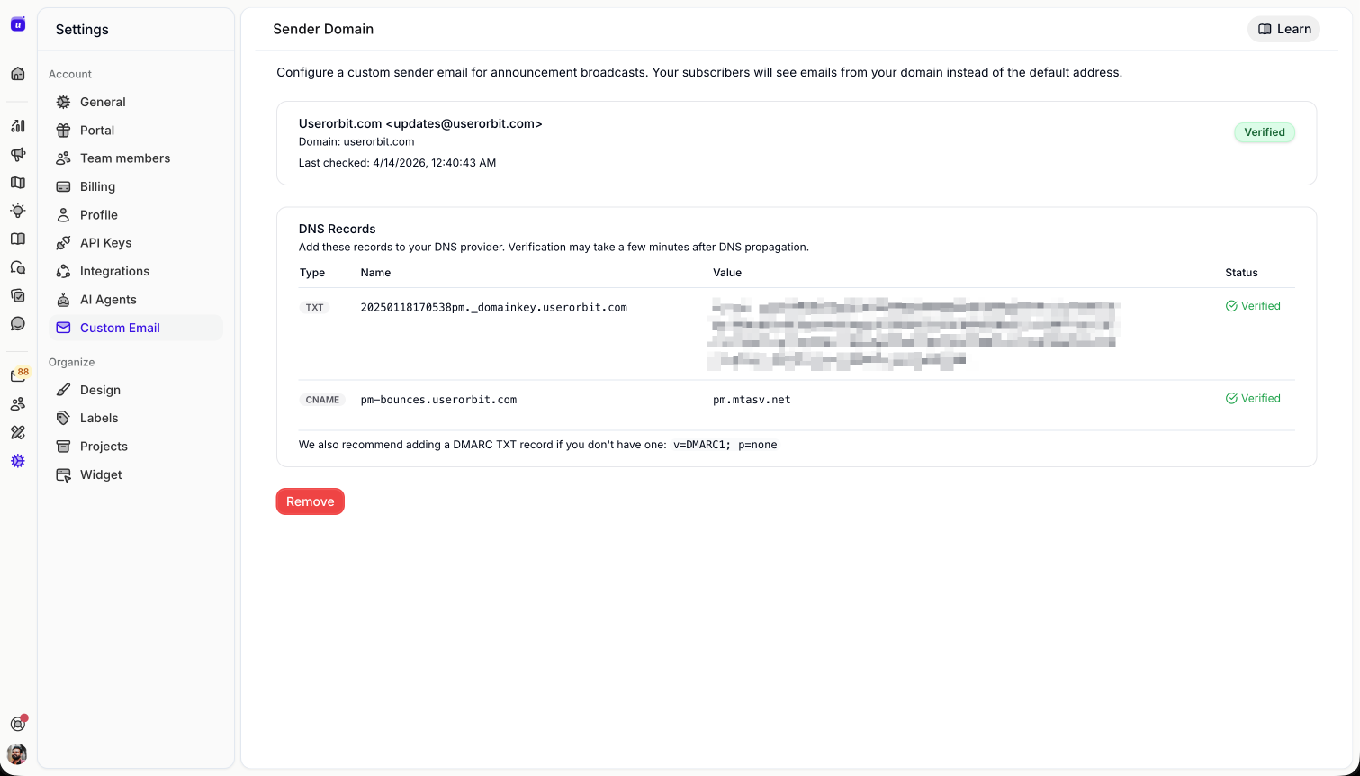 Verified sender domain with DNS records showing DKIM and Return-Path both verified