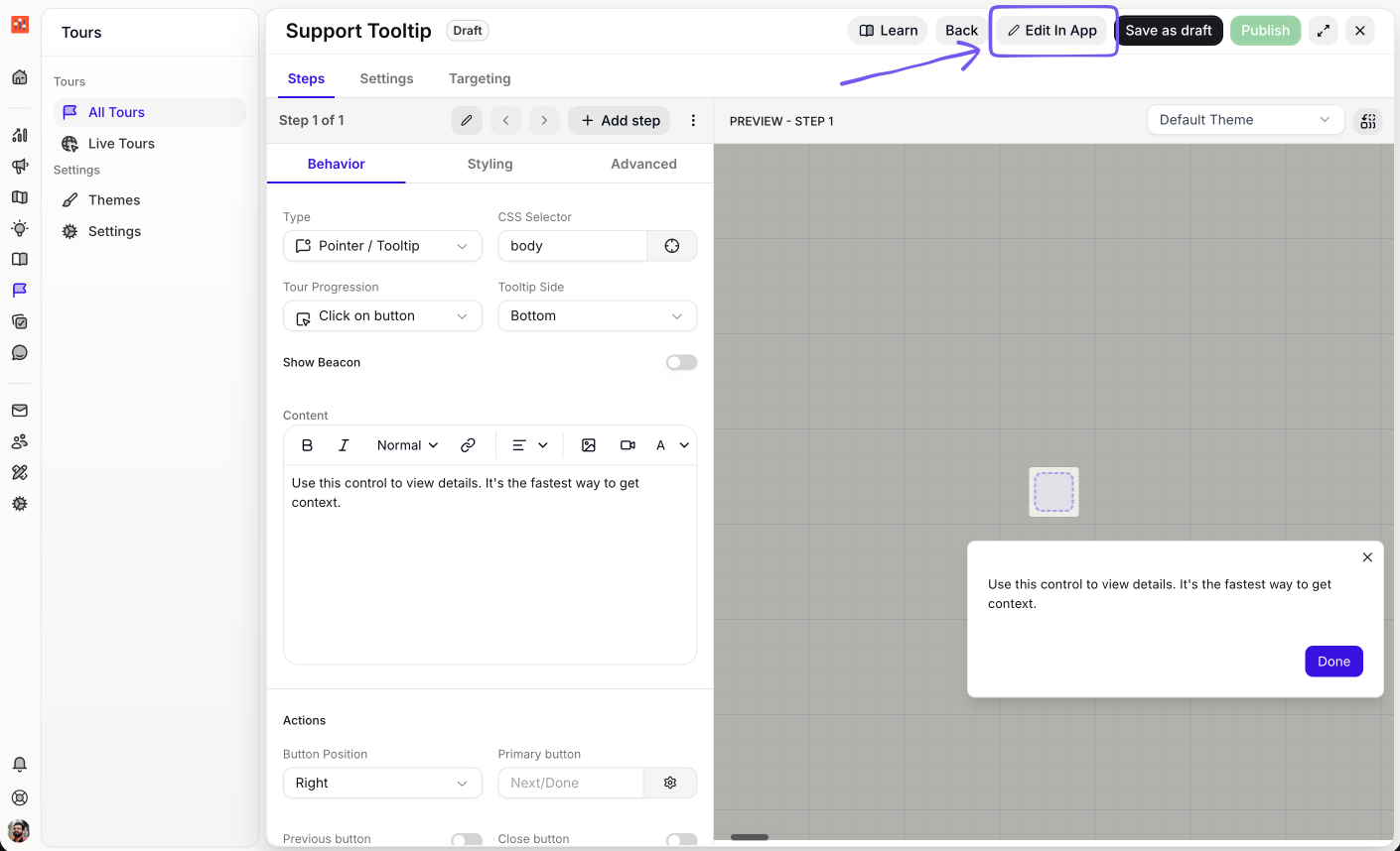 Tooltip guide editor showing content and Edit In App button