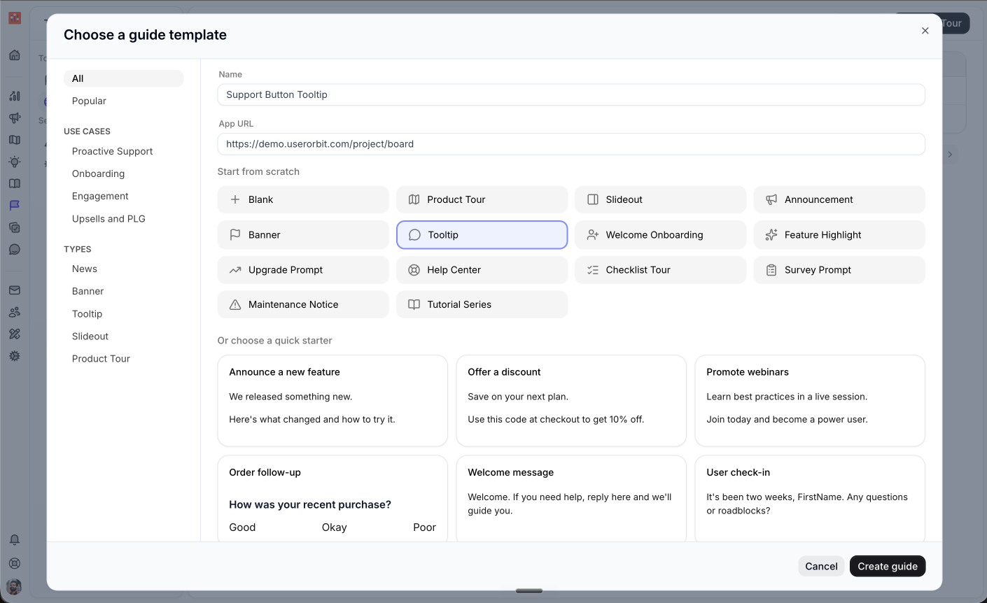 Choose a guide template dialog with Tooltip selected