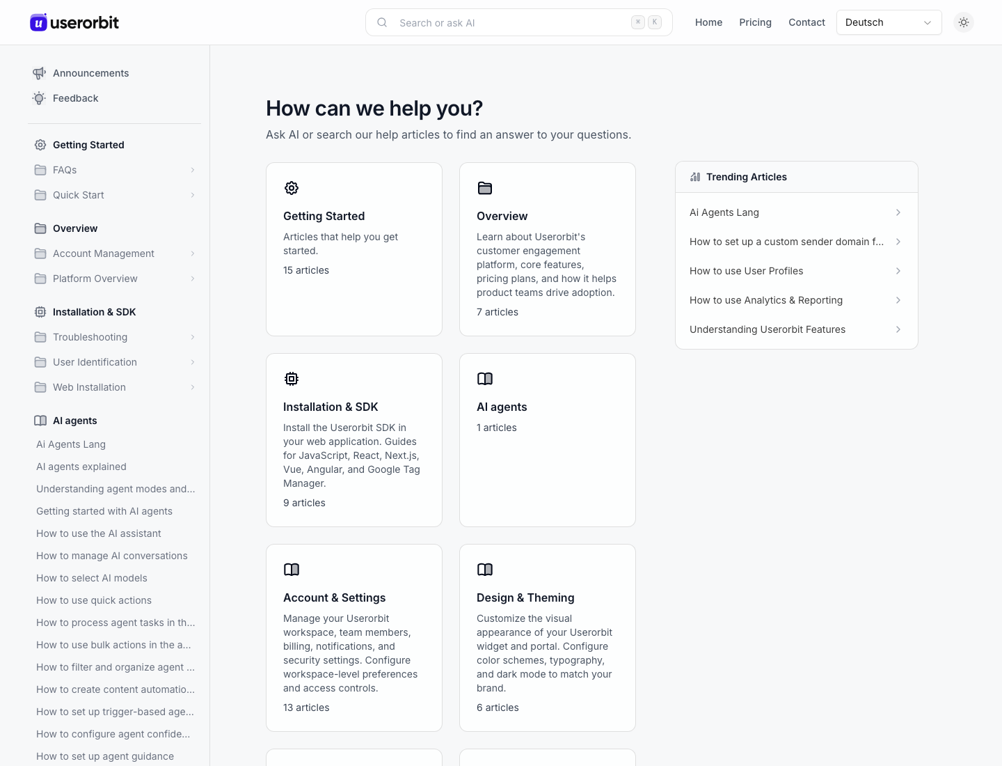 Userorbit public help center homepage in German