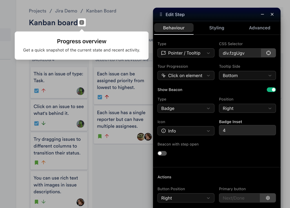Badge beacon with an info icon attached to a page heading