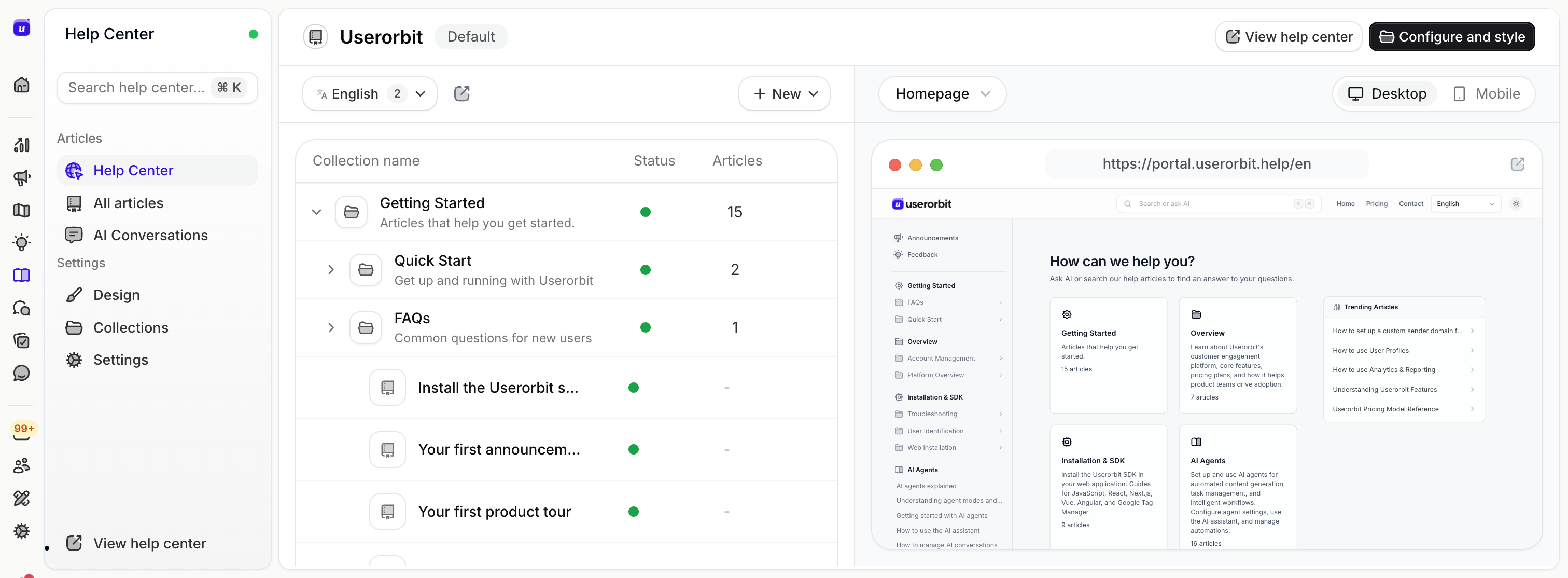 Userorbit help center admin view in the default language