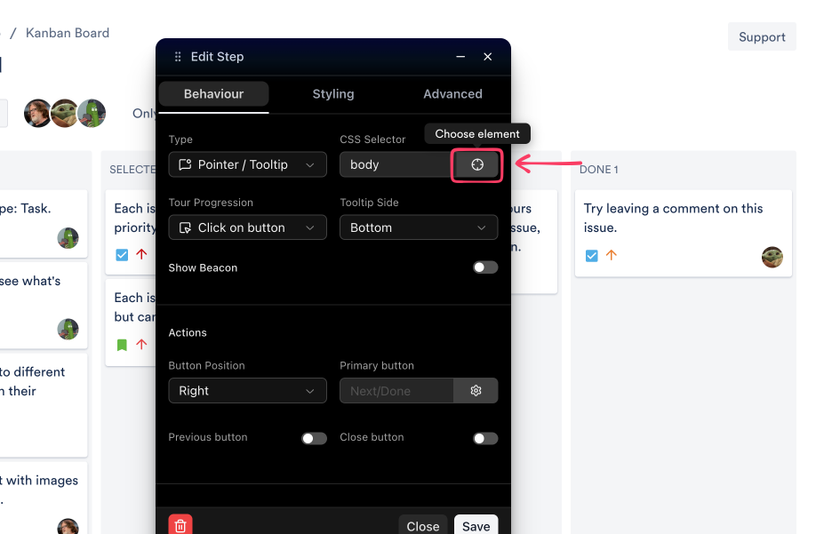 Edit Step panel with choose element control highlighted