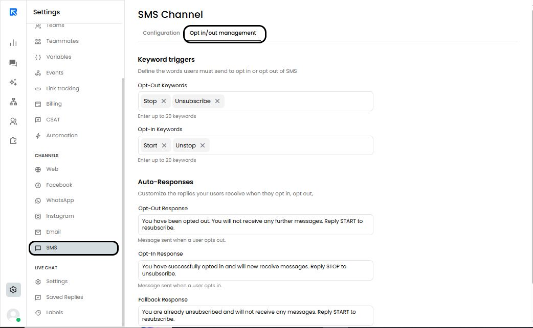 Set up keywords for Opt in and Opt out