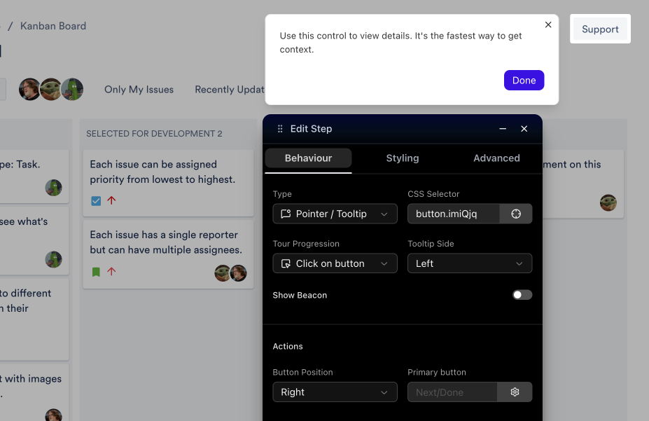 Tooltip preview attached to a Support button with the Edit Step panel open