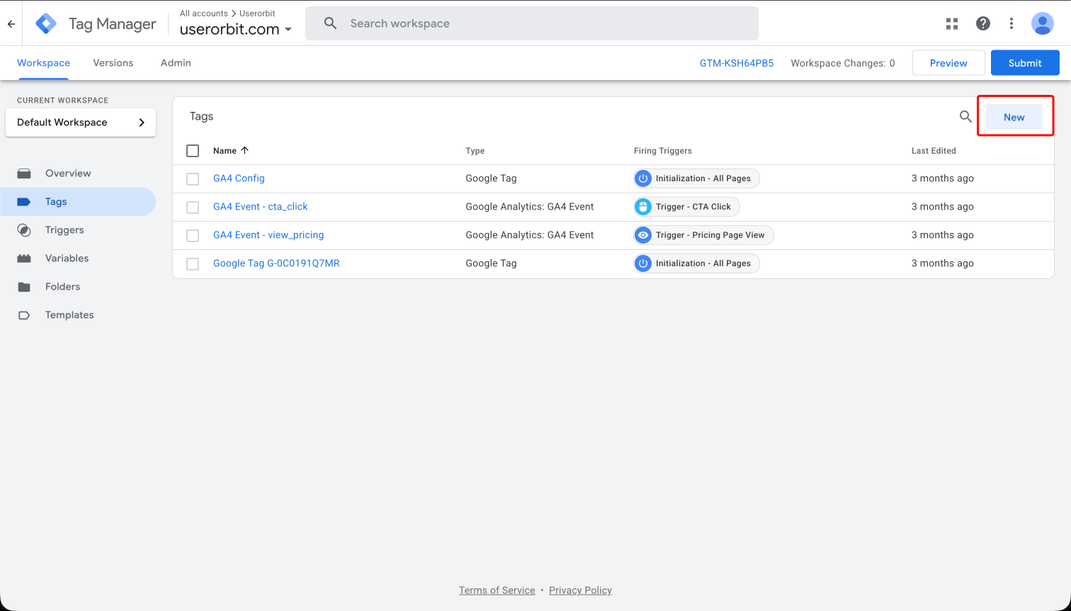 GTM Tags page with New button highlighted