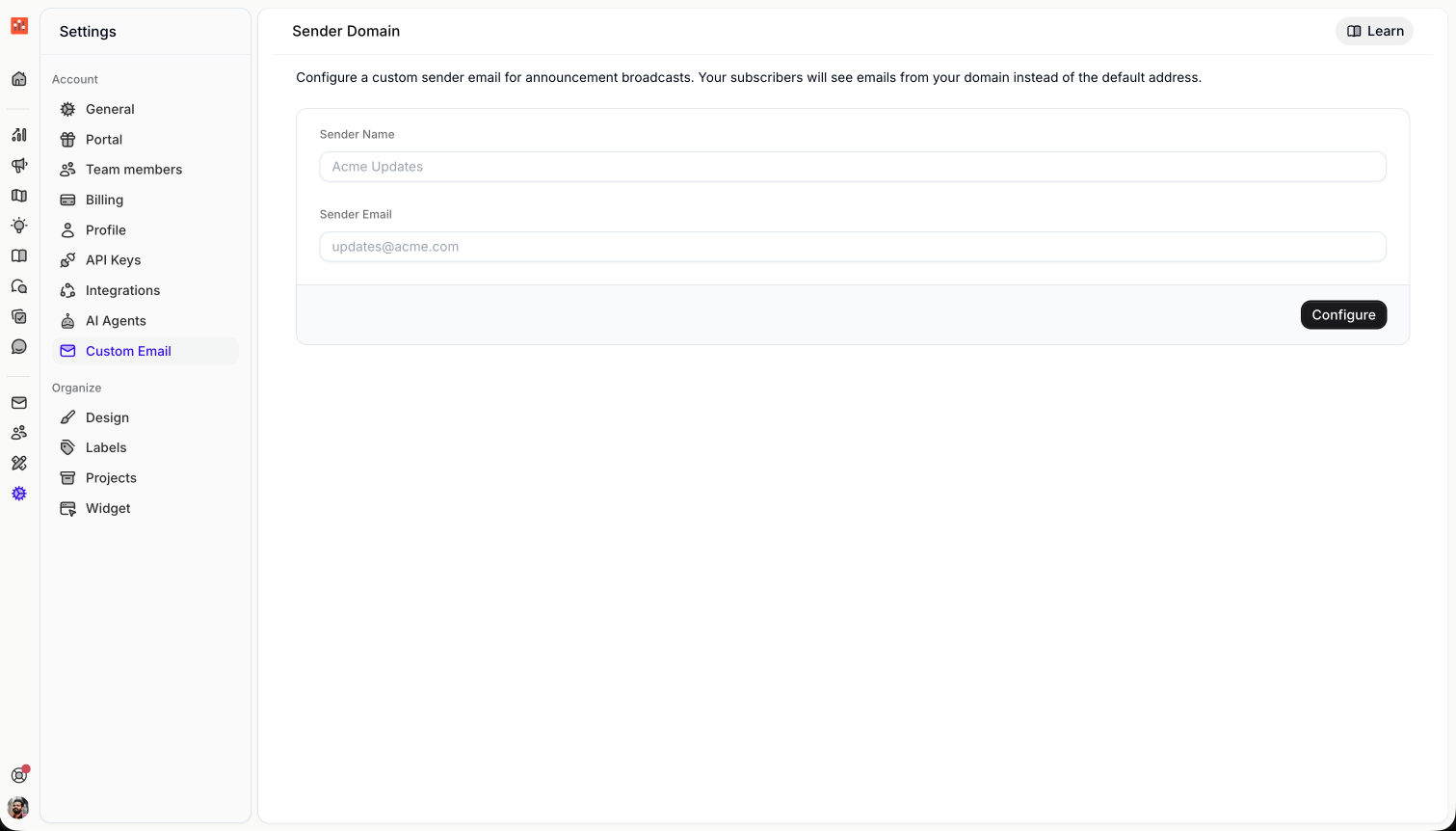 Sender Domain configuration form showing Sender Name and Sender Email fields