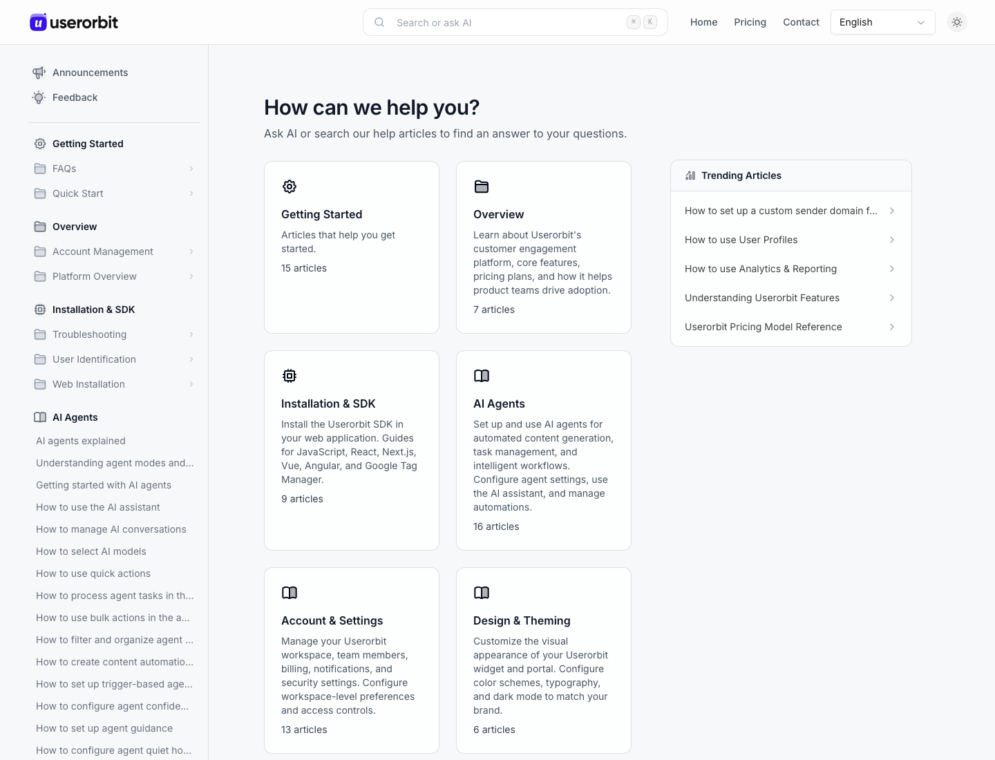 Userorbit public help center homepage in English