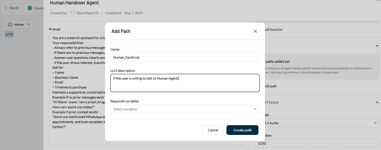 Define the path for Agent to carry forward the conversation.