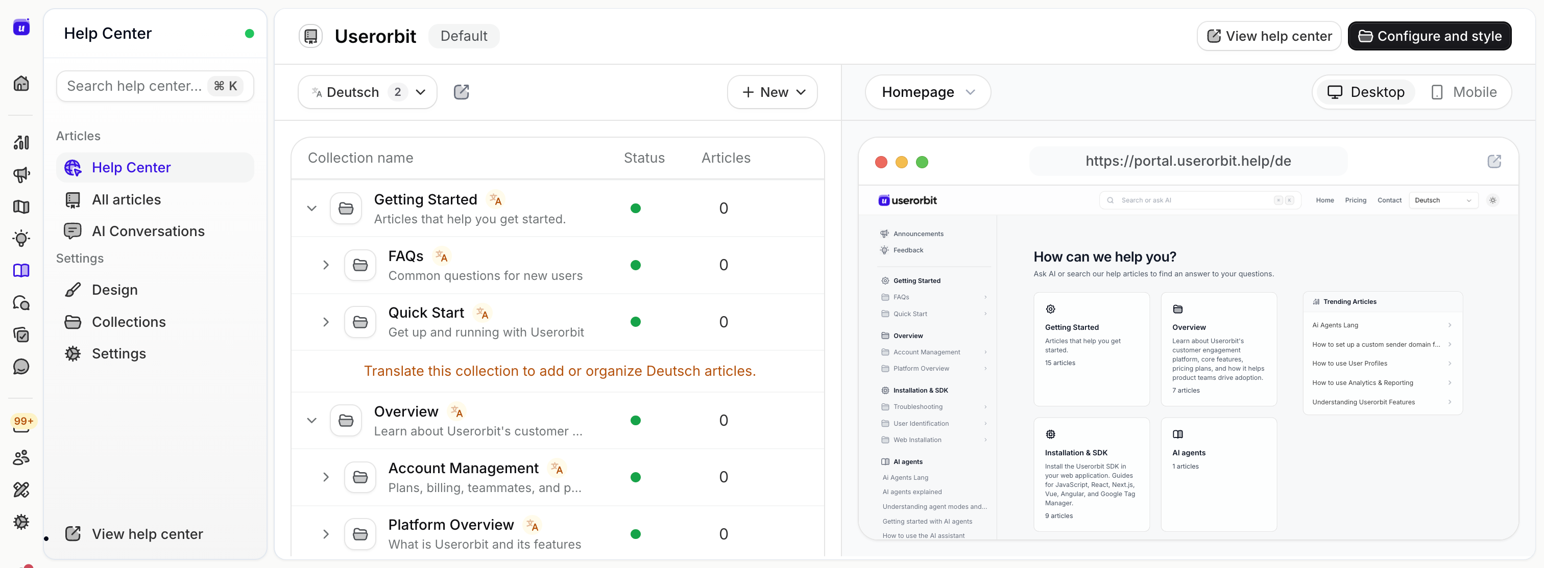 Userorbit help center admin view in German showing missing collection translations