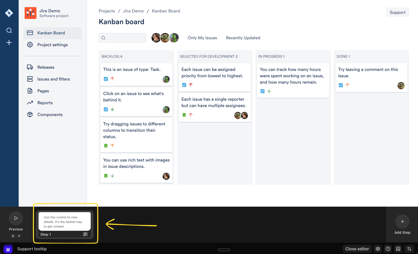 In-app builder timeline showing a tooltip step preview