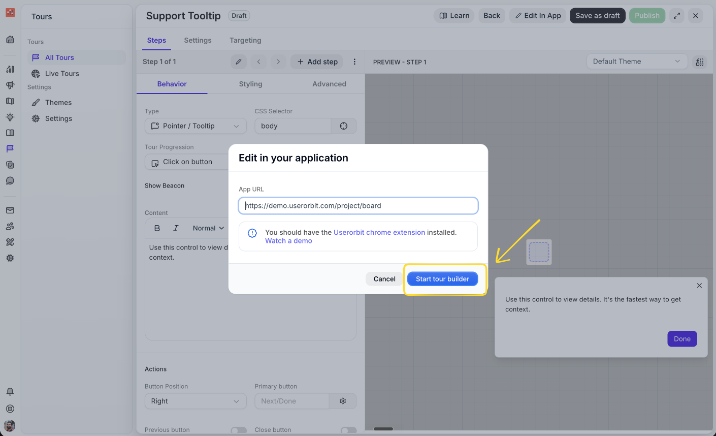 Edit in your application dialog with Start tour builder highlighted