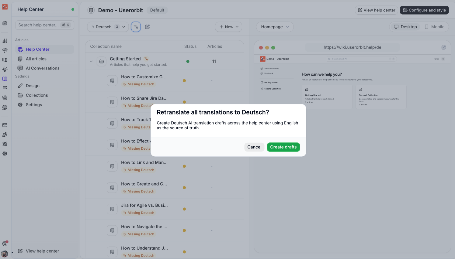 Confirmation dialog asking to retranslate all translations to German