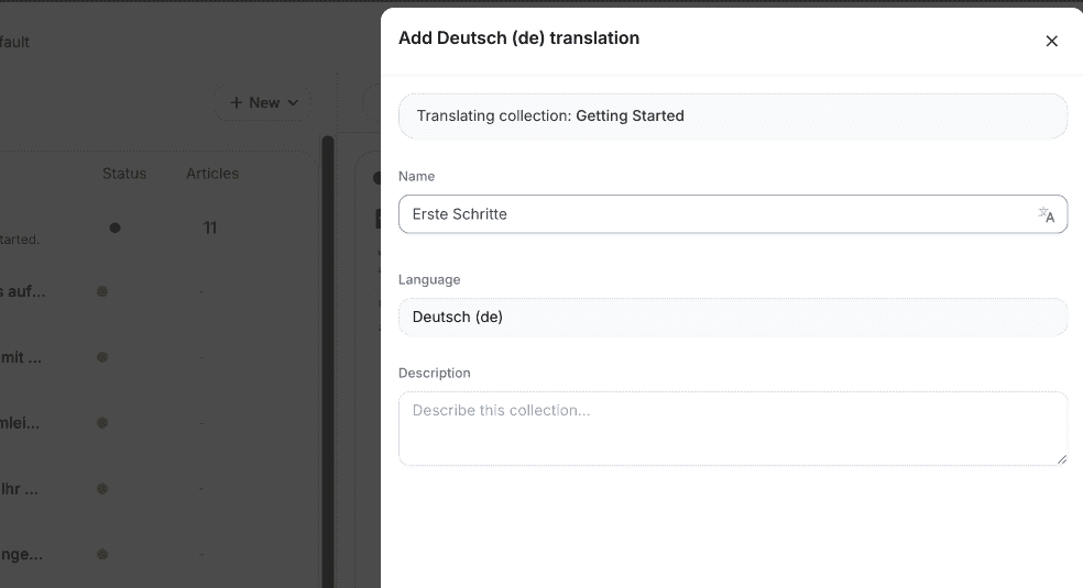 German collection translation dialog after AI fills the translated name Erste Schritte